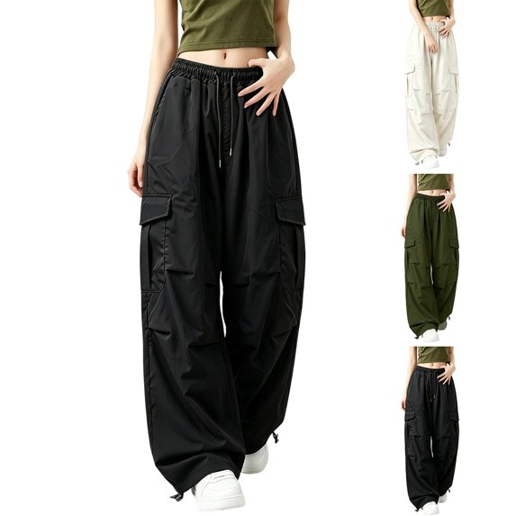 MexChoioe Womens Elastic Waist Drawstring Wide Leg Cargo Pants Adjustable Cuff Multi Pocket Outdoor Cargo Trousers