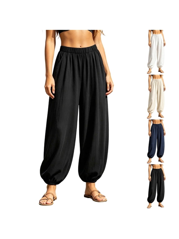 Womens Elastic Waist Harem Pants Lightweight Linen Loose Jogger Trousers with Cuffed Ankle and Pockets