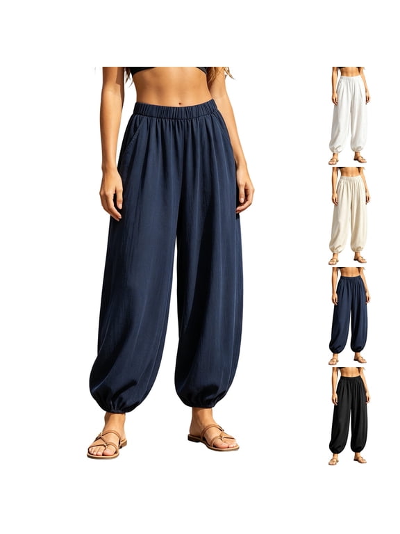 Womens Elastic Waist Harem Pants Lightweight Linen Loose Jogger Trousers with Cuffed Ankle and Pockets