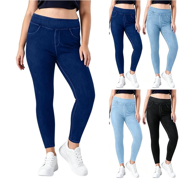MexChoioe Womens Elastic Waist Skinny Denim Leggings Stretch Cropped Jeans with Pockets