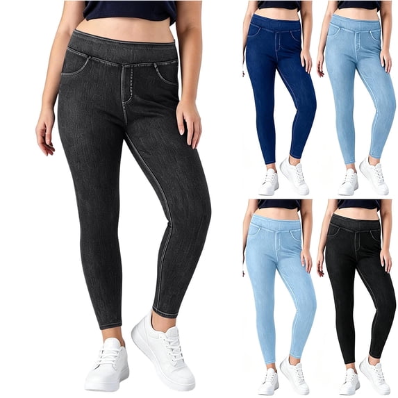 MexChoioe Womens Elastic Waist Skinny Denim Leggings Stretch Cropped Jeans with Pockets