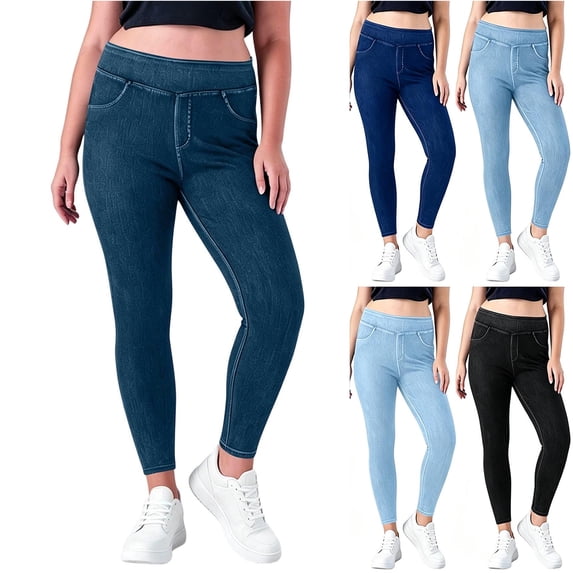 MexChoioe Womens Elastic Waist Skinny Denim Leggings Stretch Cropped Jeans with Pockets