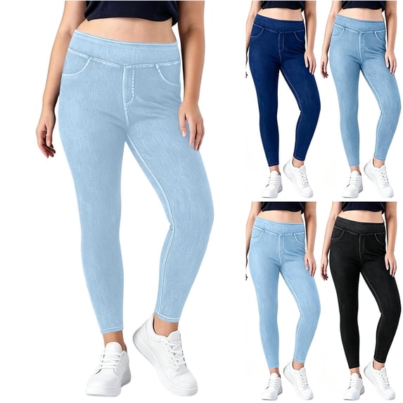 MexChoioe Womens Elastic Waist Skinny Denim Leggings Stretch Cropped Jeans with Pockets