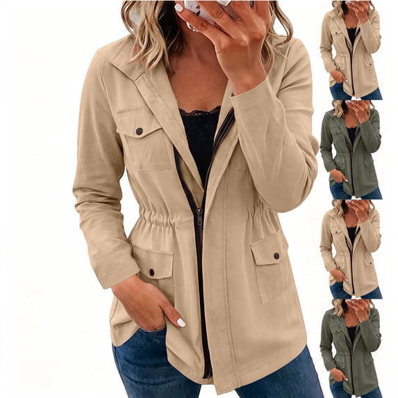 MexChoioe Womens Fall Outer Layer Utility Outer Jacket Lapel Collar Full Zip Long Sleeve Drawstring Waist Multi‑Pocket Outerwear