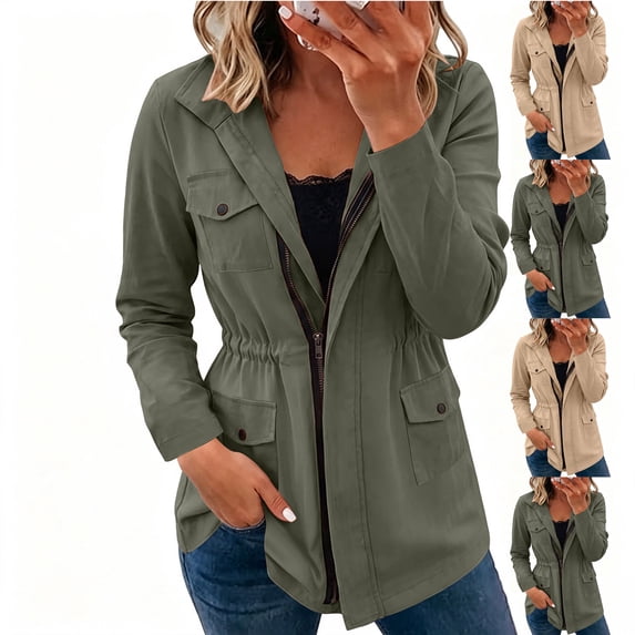 MexChoioe Womens Fall Outer Layer Utility Outer Jacket Lapel Collar Full Zip Long Sleeve Drawstring Waist Multi‑Pocket Outerwear