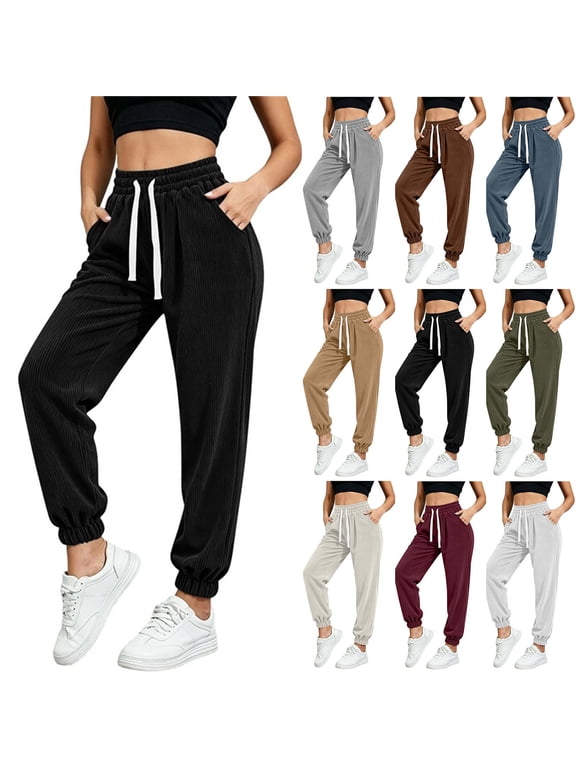 Womens Fall Winter Corduroy Jogger Pants Relaxed Cut Drawstring Waist Convenient Pockets Cuffed Hem Daily Pants for Womens