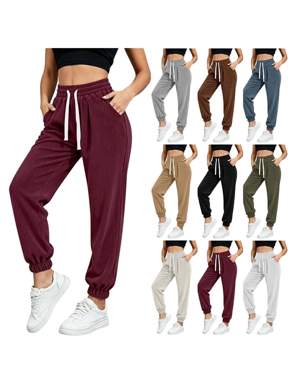 Womens Fall Winter Corduroy Jogger Pants Relaxed Cut Drawstring Waist Convenient Pockets Cuffed Hem Daily Pants for Womens