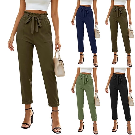 MexChoioe Womens High Waist Trousers Ruffled Paperbag Waist Drawstring Slim Fit Ankle Length Casual Pants