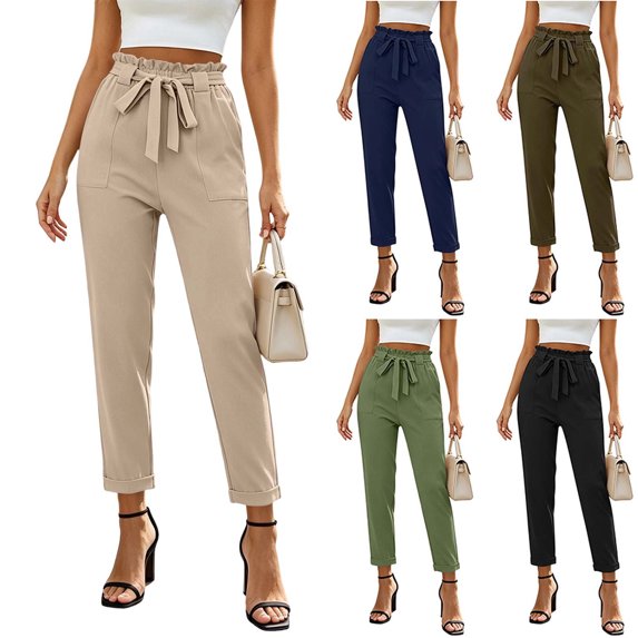 MexChoioe Womens High Waist Trousers Ruffled Paperbag Waist Drawstring Slim Fit Ankle Length Casual Pants