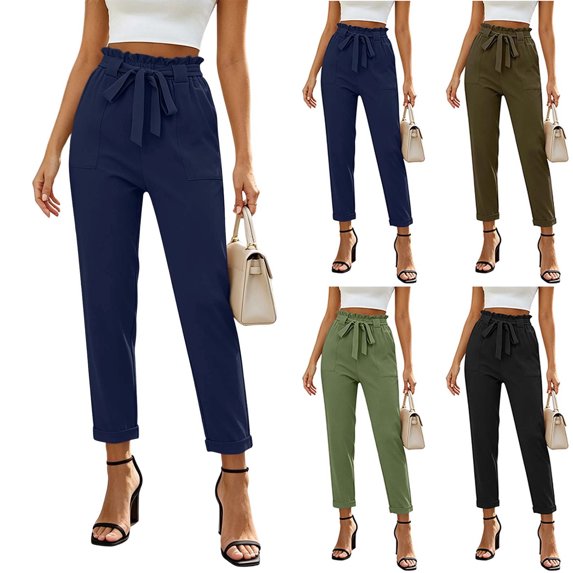 MexChoioe Womens High Waist Trousers Ruffled Paperbag Waist Drawstring Slim Fit Ankle Length Casual Pants