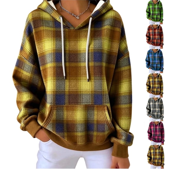 MexChoioe Womens Hooded Sweatshirt Fall Plaid Drawstring Long Sleeve Hoodies Daily Comfortable Relaxed Pullover for Women