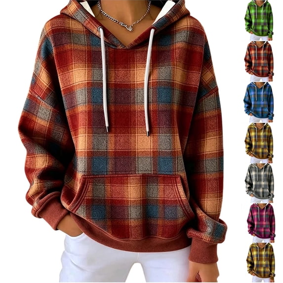 MexChoioe Womens Hooded Sweatshirt Fall Plaid Drawstring Long Sleeve Hoodies Daily Comfortable Relaxed Pullover for Women