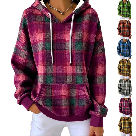 MexChoioe Womens Hooded Sweatshirt Fall Plaid Drawstring Long Sleeve Hoodies Daily Comfortable Relaxed Pullover for Women
