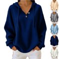 thumbnail image 1 of MexChoioe Womens Hooded Sweatshirt Waffle Knit Henley V Neck Button Placket Drawstring Hood Long Sleeve Pullover Hoodie, 1 of 5
