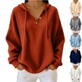 thumbnail image 1 of MexChoioe Womens Hooded Sweatshirt Waffle Knit Henley V Neck Button Placket Drawstring Hood Long Sleeve Pullover Hoodie, 1 of 6