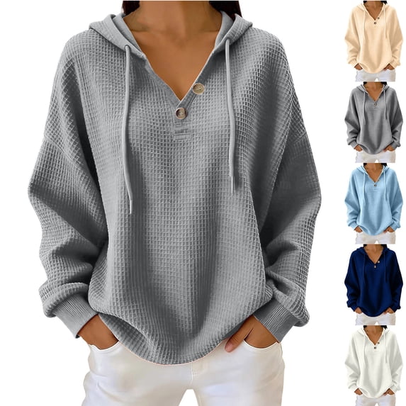 MexChoioe Womens Hooded Sweatshirt Waffle Knit Henley V Neck Button Placket Drawstring Hood Long Sleeve Pullover Hoodie
