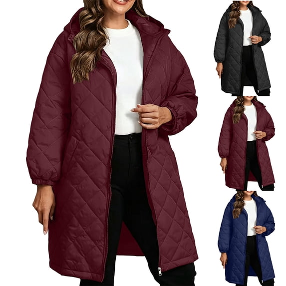 MexChoioe Womens Mid Length Puffer Outerwear Hood Full Zip Long Sleeve Elastic Cuff Quilted Plus Size Winter Coat for Womens