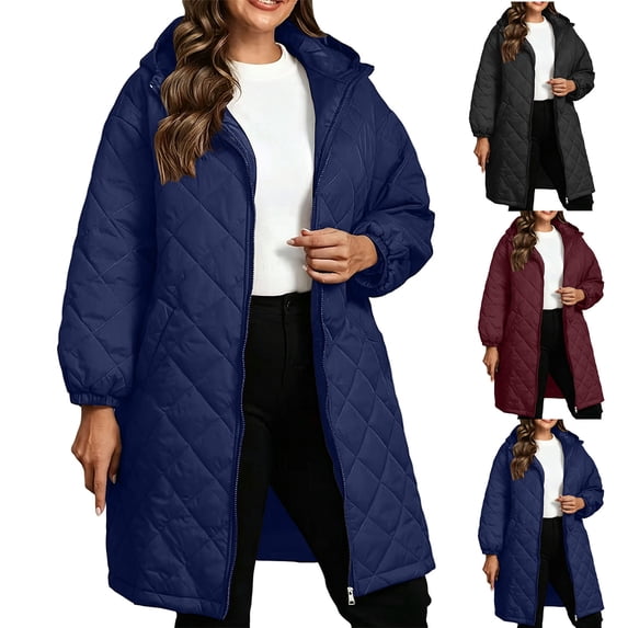 MexChoioe Womens Mid Length Puffer Outerwear Hood Full Zip Long Sleeve Elastic Cuff Quilted Plus Size Winter Coat for Womens