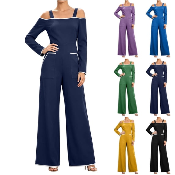 MexChoioe Womens Off Shoulder Jumpsuits Long Sleeve Contrast Trim Wide Leg Pocket Casual Vacation Rompers