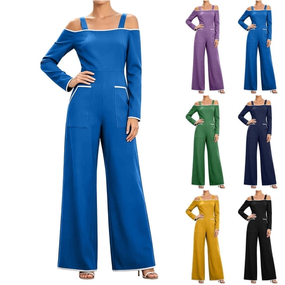MexChoioe Womens Off Shoulder Jumpsuits Long Sleeve Contrast Trim Wide Leg Pocket Casual Vacation Rompers