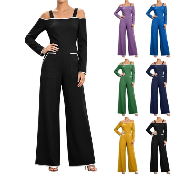 MexChoioe Womens Off Shoulder Jumpsuits Long Sleeve Contrast Trim Wide Leg Pocket Casual Vacation Rompers