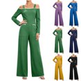 thumbnail image 1 of MexChoioe Womens Off Shoulder Jumpsuits Long Sleeve Contrast Trim Wide Leg Pocket Casual Vacation Rompers, 1 of 7