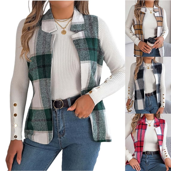 MexChoioe Womens Plaid Vest Lapel Collar Open Front Sleeveless Wool Blend Casual Outer Gilet for Womens