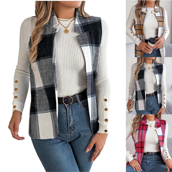 MexChoioe Womens Plaid Vest Lapel Collar Open Front Sleeveless Wool Blend Casual Outer Gilet for Womens