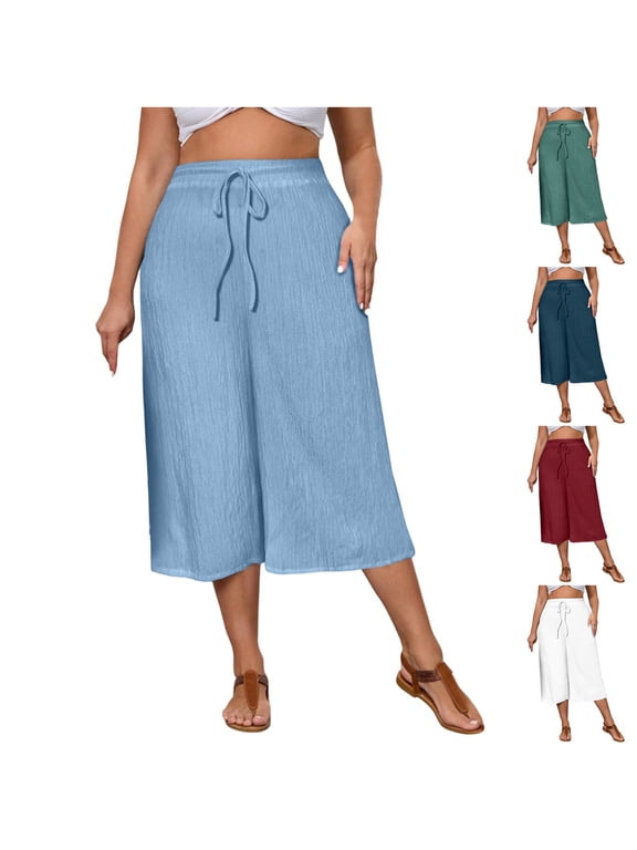 Womens Plus Size Cropped Wide Leg Pants Drawstring Elastic Waist Casual Vacation Culottes