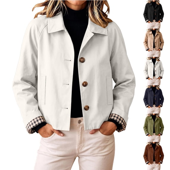 MexChoioe Womens Point Collar Cropped Outer Jacket Button Front Long Sleeve Plaid Lining Cuff Casual Outerwear Daily Wear for Womens