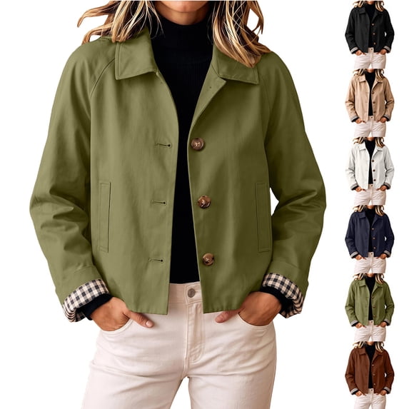 MexChoioe Womens Point Collar Cropped Outer Jacket Button Front Long Sleeve Plaid Lining Cuff Casual Outerwear Daily Wear for Womens