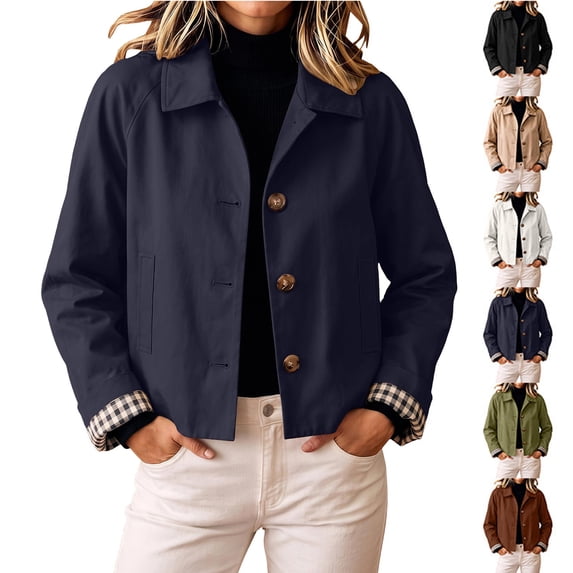MexChoioe Womens Point Collar Cropped Outer Jacket Button Front Long Sleeve Plaid Lining Cuff Casual Outerwear Daily Wear for Womens