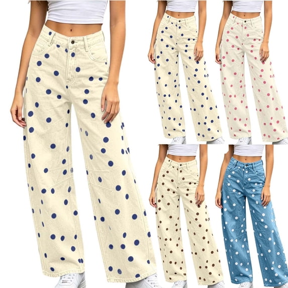 MexChoioe Womens Polka Dots Wide Leg Jeans High Waist Loose Denim Trousers Casual Printed Denim Pants with Pockets