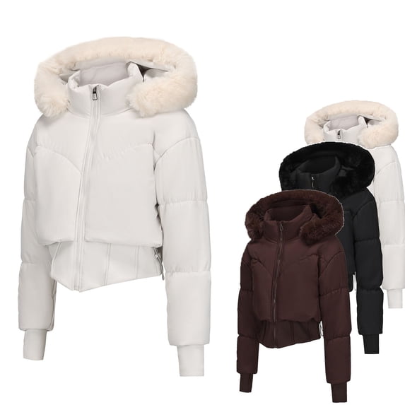 MexChoioe Womens Puffer Jacket Cropped Hooded Full Zip Long Sleeve Fall Winter Warm Outer Coat Jacket