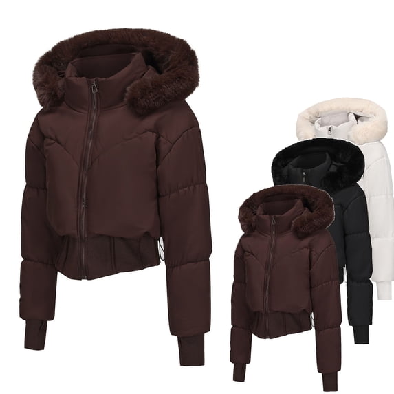 MexChoioe Womens Puffer Jacket Cropped Hooded Full Zip Long Sleeve Fall Winter Warm Outer Coat Jacket