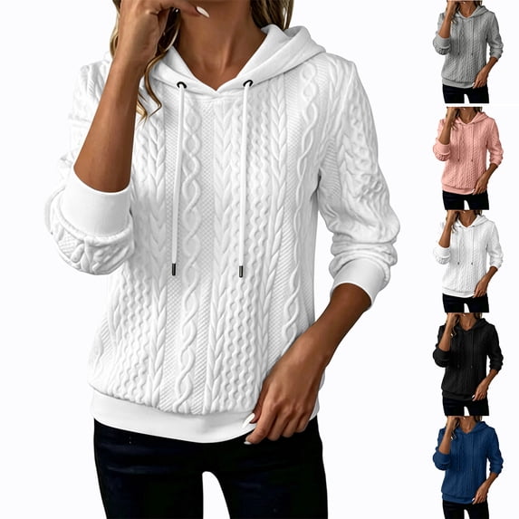 MexChoioe Womens Pullover Sweatshirt Cable Knit Hoodie Drawstring Hood Round Neck Long Sleeve Casual Hooded Sweatshirts