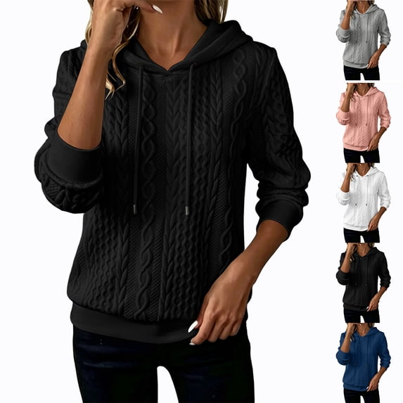 MexChoioe Womens Pullover Sweatshirt Cable Knit Hoodie Drawstring Hood Round Neck Long Sleeve Casual Hooded Sweatshirts