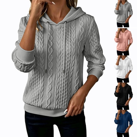 MexChoioe Womens Pullover Sweatshirt Cable Knit Hoodie Drawstring Hood Round Neck Long Sleeve Casual Hooded Sweatshirts
