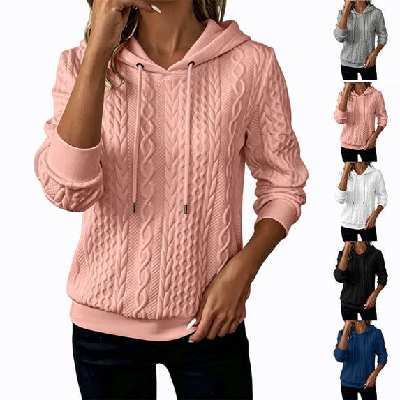 MexChoioe Womens Pullover Sweatshirt Cable Knit Hoodie Drawstring Hood Round Neck Long Sleeve Casual Hooded Sweatshirts