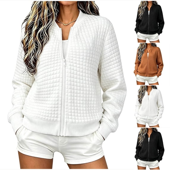 MexChoioe Womens Quilted Bomber Jacket Ribbed Cuff Zip Up Long Sleeve Solid Casual Outer Coat With Hand Pockets for Womens