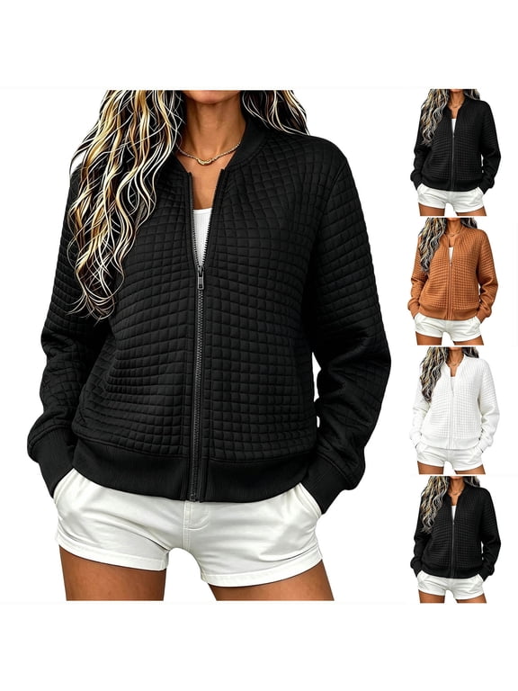Womens Quilted Bomber Jacket Ribbed Cuff Zip Up Long Sleeve Solid Casual Outer Coat With Hand Pockets for Womens