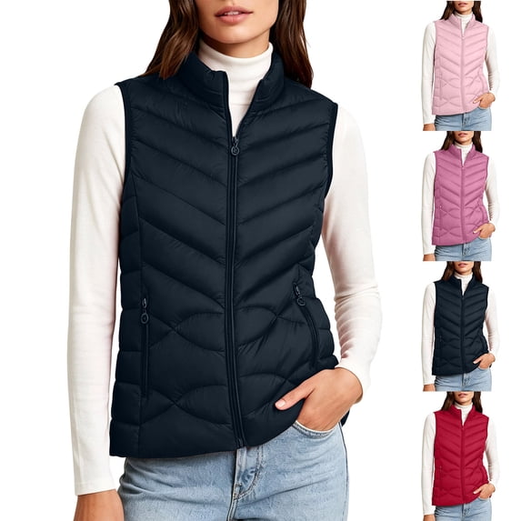MexChoioe Womens Quilted Puffer Vest Stand Collar Full Zip Sleeveless Warm Outer Gilet with Zipper Pockets for Womens