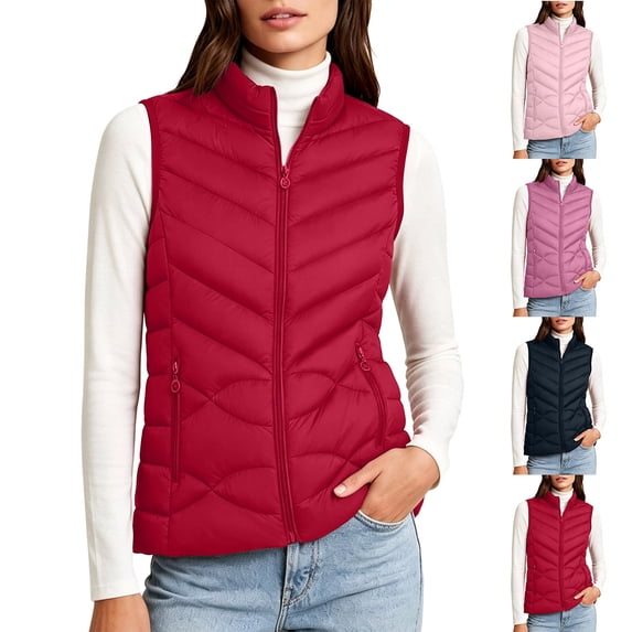 MexChoioe Womens Quilted Puffer Vest Stand Collar Full Zip Sleeveless Warm Outer Gilet with Zipper Pockets for Womens