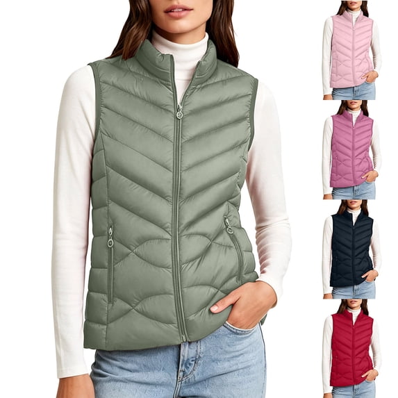 MexChoioe Womens Quilted Puffer Vest Stand Collar Full Zip Sleeveless Warm Outer Gilet with Zipper Pockets for Womens