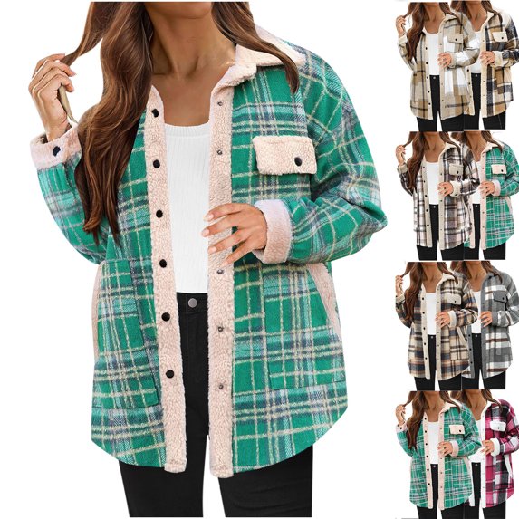 MexChoioe Womens Sherpa Lined Jacket Plaid Lapel Collar Snap Button Long Sleeve Fall Winter Warm Outer Coat with Pockets