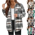 thumbnail image 1 of MexChoioe Womens Sherpa Lined Jacket Plaid Lapel Collar Snap Button Long Sleeve Fall Winter Warm Outer Coat with Pockets, 1 of 5