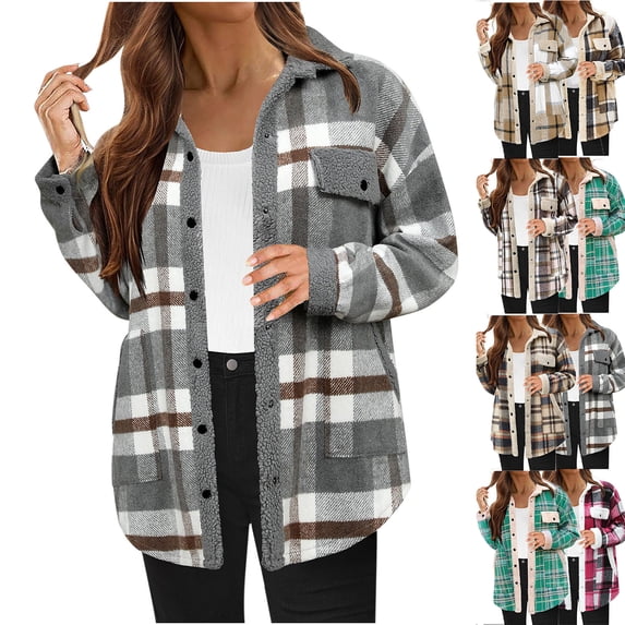 MexChoioe Womens Sherpa Lined Jacket Plaid Lapel Collar Snap Button Long Sleeve Fall Winter Warm Outer Coat with Pockets