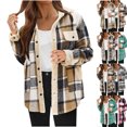 thumbnail image 1 of MexChoioe Womens Sherpa Lined Jacket Plaid Lapel Collar Snap Button Long Sleeve Fall Winter Warm Outer Coat with Pockets, 1 of 6
