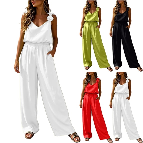 MexChoioe Womens Sleeveless Rompers Floral Spaghetti Strap Wide Leg Jumpsuits Elastic Waist Summer Outfits
