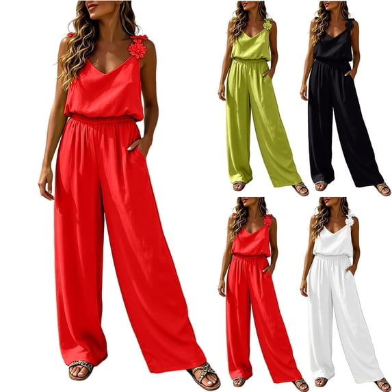 MexChoioe Womens Sleeveless Rompers Floral Spaghetti Strap Wide Leg Jumpsuits Elastic Waist Summer Outfits